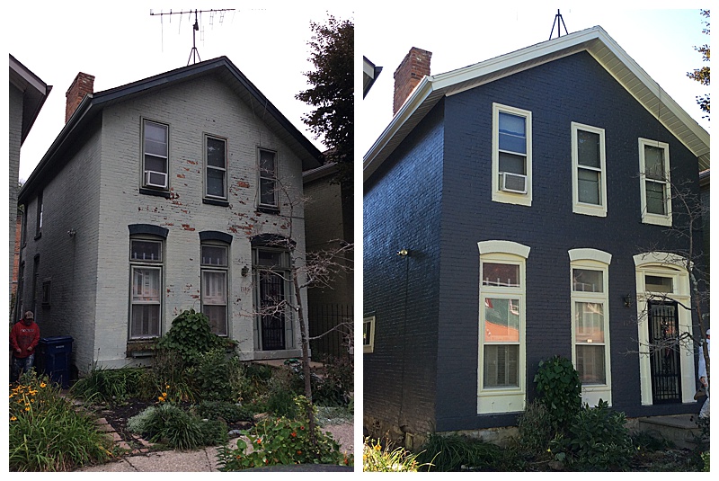 before and after of a brick house that has been painted navy blue by professional painters